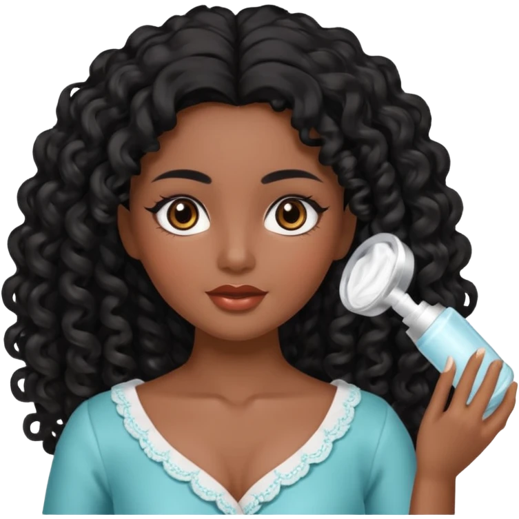 Uma boneca morena com olhos castanhos e cabelo cacheado longo preto, fazendo skin care emoji