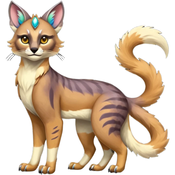 Colorful dark tropical tribal glorious iridescent divine exotic cute cool beautiful beautiful fantasy-caracal-civet-genet-sergal-vernid-Gryphon-Cacomistle-Trico-oncilla-animal-Fakémon-hybrid-fursona (full body) emoji