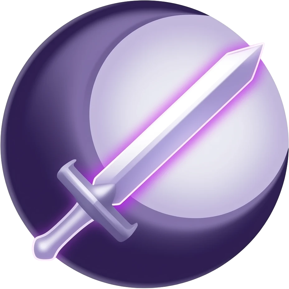 Glowing dark purple detailed crescent moon with an elegant detailed glowing transparent sword, emoji style. Soft violet and pink glow, minimal clean design, smooth edges, subtle lighting, centered, high contrast, transparent background. emoji