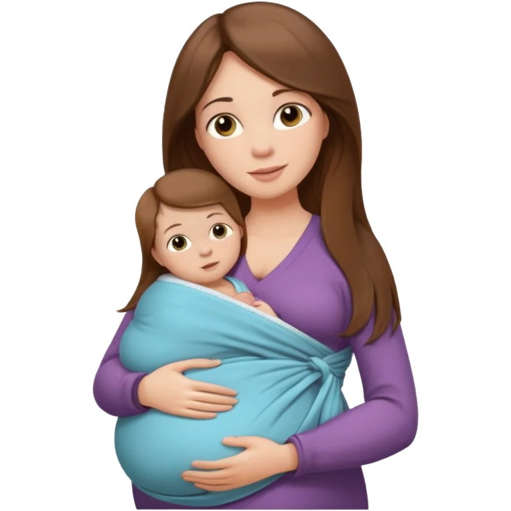 Pregnancy babywearing mom with long brown hair and fair skin with a small baby and wrap  emoji