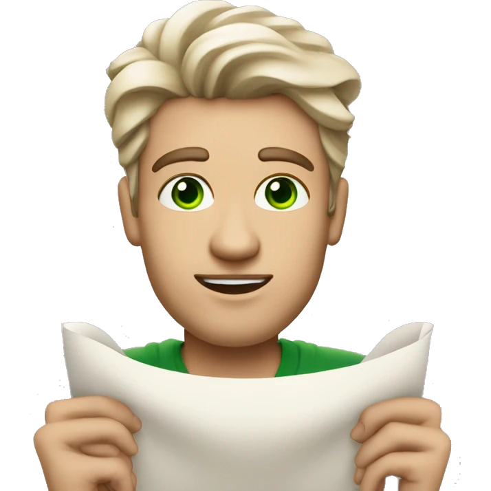 A light-skinned man with piercing green eyes, styled brown hair holding the long white paper scroll emoji