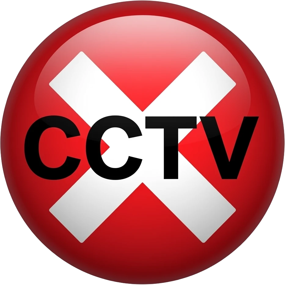 Red filled circle with white X and arrow end points on the X. Big CCTV word in the centre in black emoji