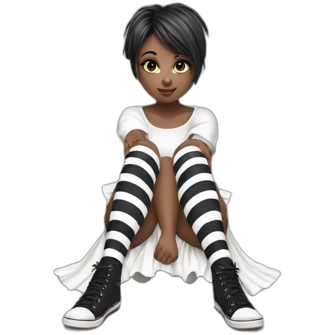 Hyperrealistic Frontal view curvy emo girl sits white skirt striped stockings hands up emoji