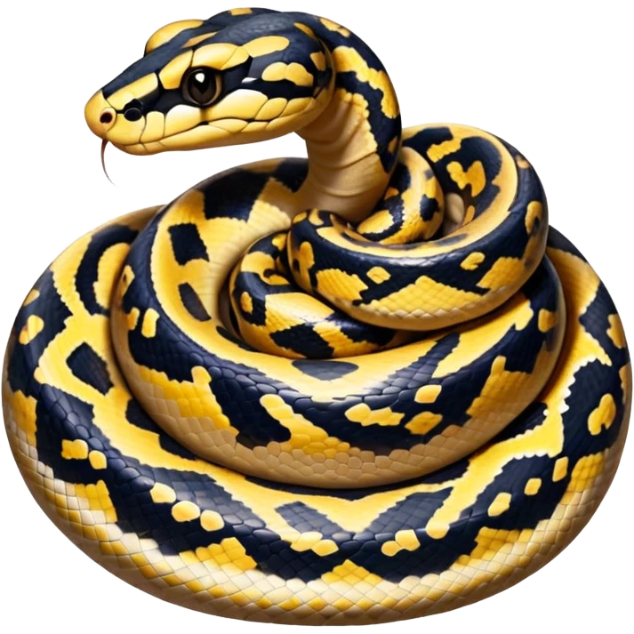 A photo-realistic top-down view of a Ball Python gently coiled into a tight spiral, with its head resting peacefully at the center. Its scales are warm brown with bold, irregular black markings, including the distinctive “alien-head” pattern, flowing smoothly along its body.  emoji