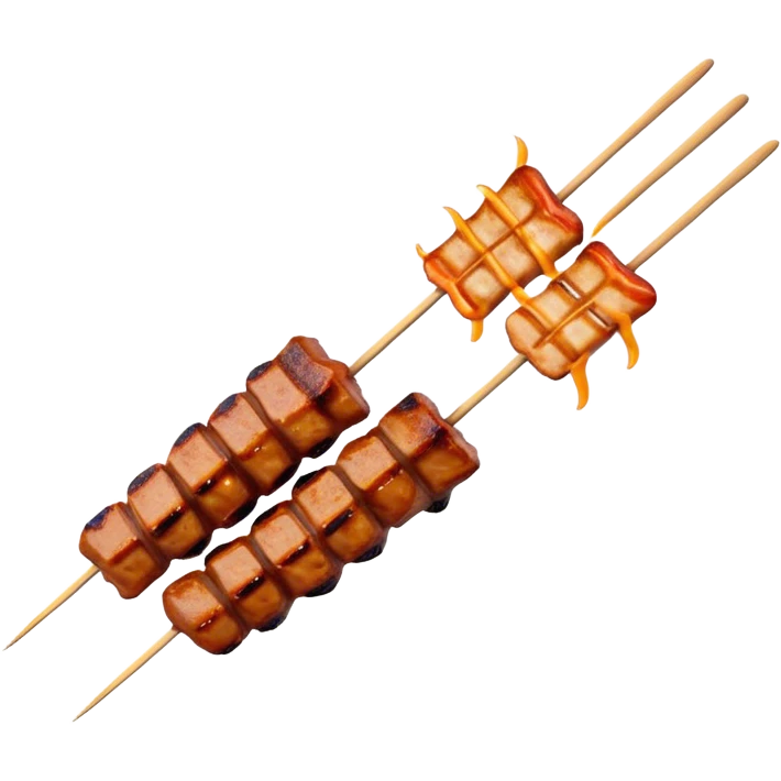 Cinematic Realistic Satay Dish Emoji, depicted as skewered, marinated meat grilled to perfection rendered with rich, smoky textures and dynamic, appetizing lighting. emoji