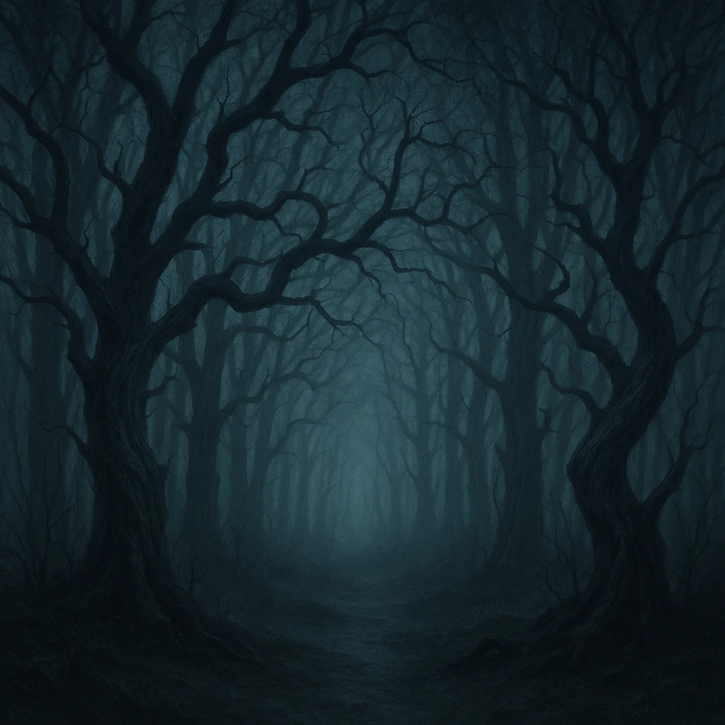 gothic woods with dark twisted trees, mist, mysterious atmosphere emoji