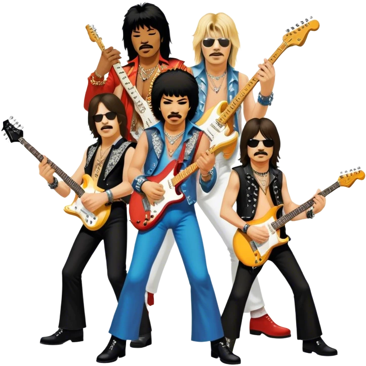 Icon for Rock Music: collage of iconic rock musicians—Klaus Meine, Jimi Hendrix, Kurt Cobain, Freddie Mercury, and Ozzy Osbourne—playing electric guitars and singing on stage. Capturing the powerful energy and rebellious spirit of rock. Transparent background. emoji