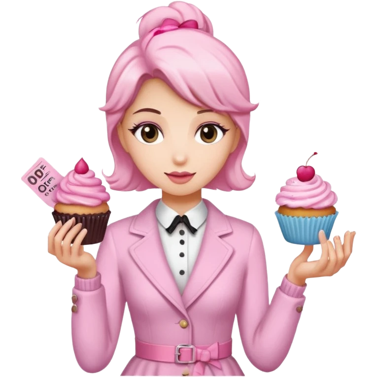 make a elegant girl with a ticket in her hand that says 10 precent off, and in the other had put a cupcake emoji