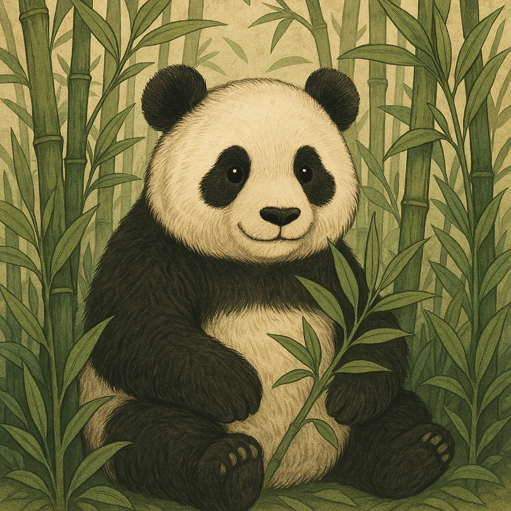 A lovely panda surrounded by bamboo, in the style of the reference image emoji