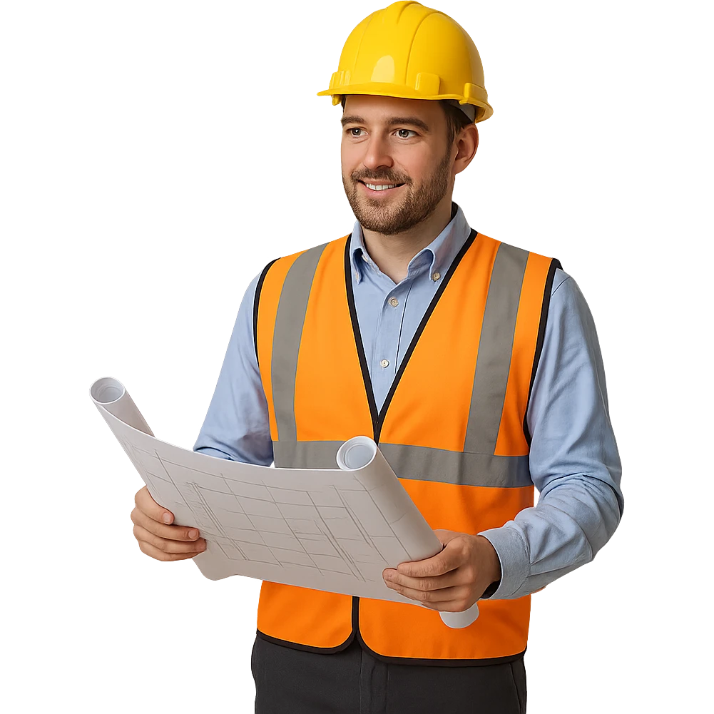 civil design engineer with safety vest and hard hat, holding plans emoji