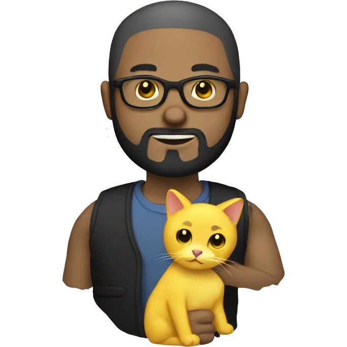 A bald man with glasses and black beard holding a yellow cat in hand emoji