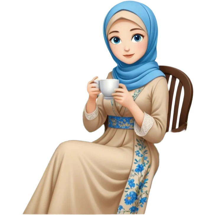 Turkish beautiful finish Konya girls blue eyes with Beautiful beige floral hijab long tail dress and the two friends in a lovely garden sits on the chair on the ground and holds cup coffe with her hand  emoji