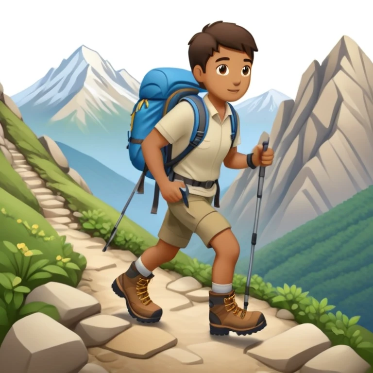 person hiking down one mountain and up another mountain emoji