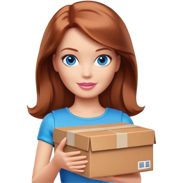Barbie with shoulder-length reddish-brown hair in chocolate clothes holds a package box, blue eyes emoji