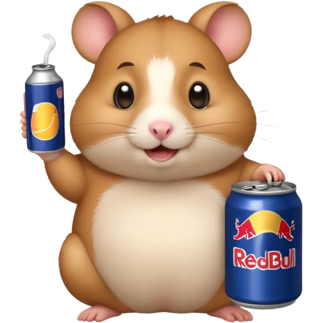 Funny cartoon-style fat hamster wide eyed with a can of redbull emoji