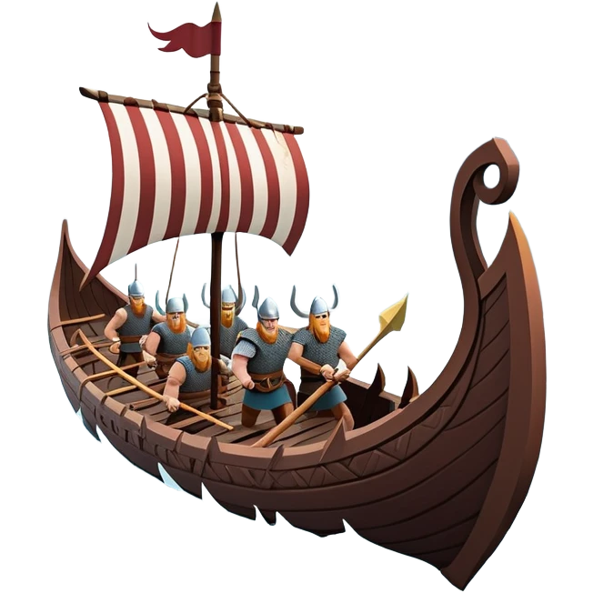 clash-of-clans-aesthetic_-cinematic-viking-longboat, rendered in a flat, bold vector style with minimal shading, featuring a striking dragon-headed prow slicing through icy, churning waters. shields on the side and vikings rowing The longboat’s intricately detailed shields and carved motifs evoke a sense of epic adventure and Nordic might, with billowing sails catching a dramatic, stormy sky backdrop. emoji