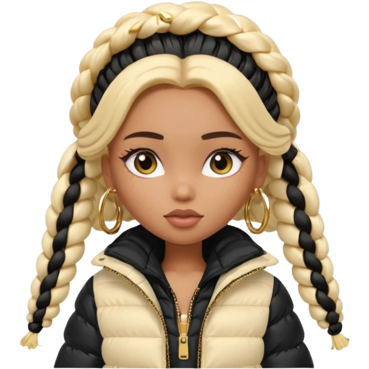 generate a pretty bratz girl with a WHITE puffer jacket, hoops, long braided hair black emoji