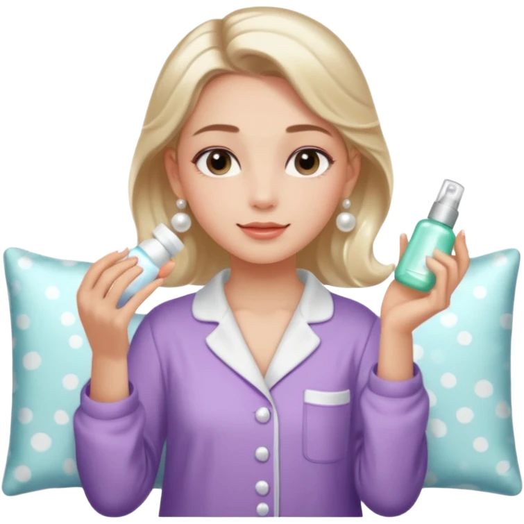 Clean girl aesthetic emoticons, apply skincare products, pearl earrings, glowing skin, pajamas, soft lighting emoji