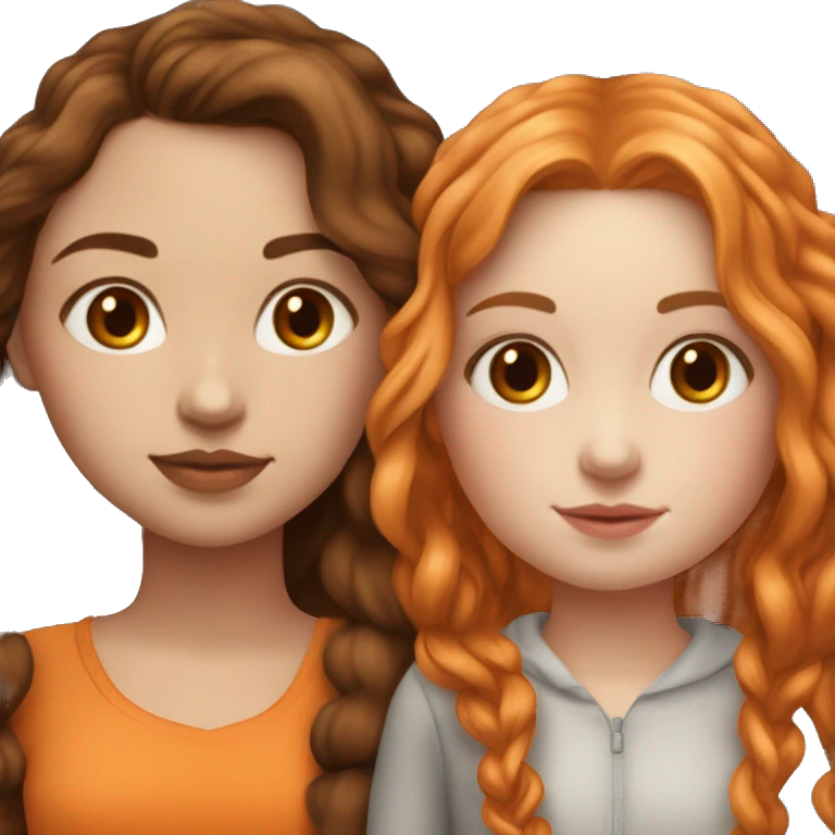 serene two white girls. one has mid length dark brown hair and the other has long orange hair. standing together and kissing in gentle light. calm and content. hyper-realistic soft textures fine details glow on skin emoji