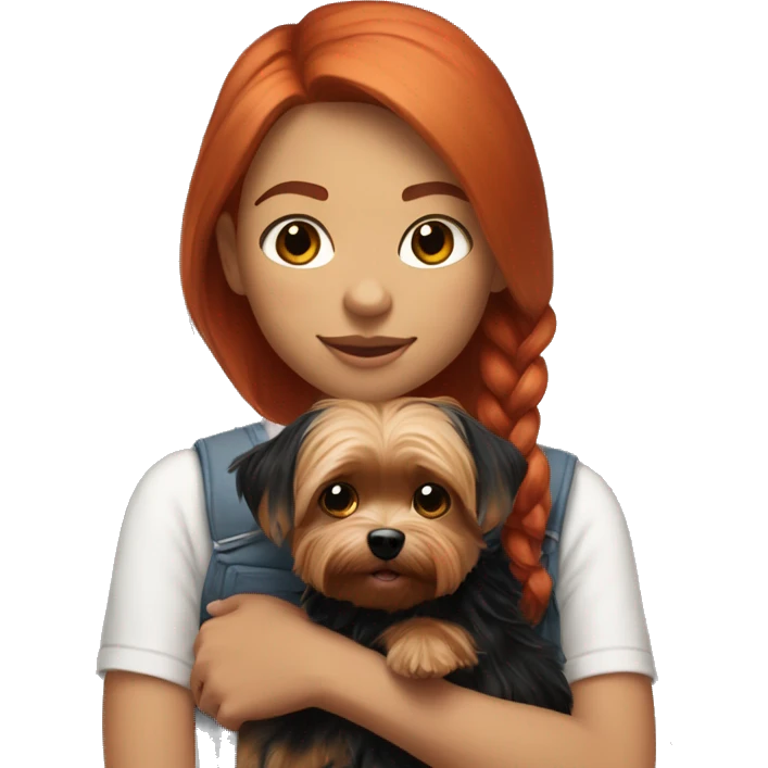 a girl with red hair and light skin up to her shoulders holds a black-golden Yorkie in her arms emoji