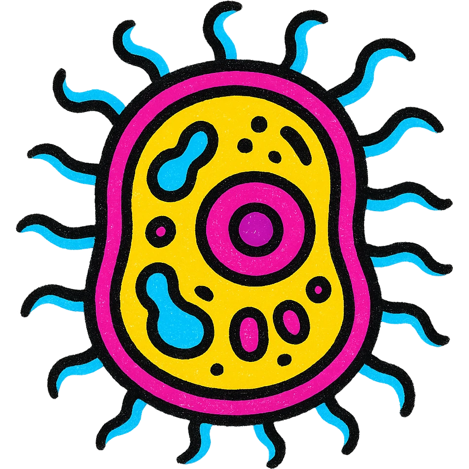 bacteria with visible nucleus and organelles, neon pop colors, high contrast emoji