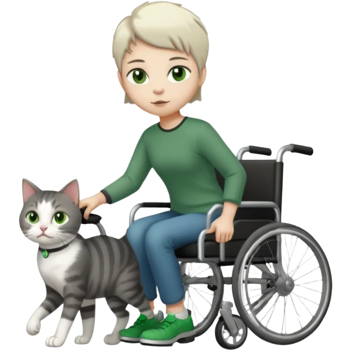 full body small short hair dark grey and white cat with green eyes walking in a wheelchair for cats emoji