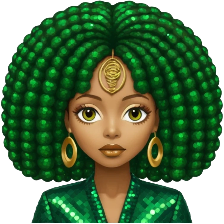 Erykah Badu with dark brown hair, dark green sequin outfit emoji