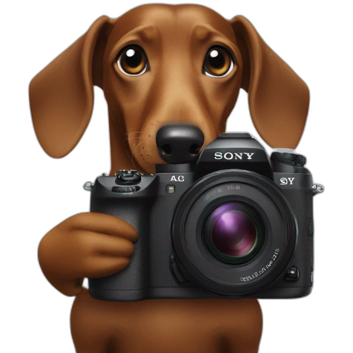 a black dachshund dog holds a SONY camera in its paws medium plan emoji
