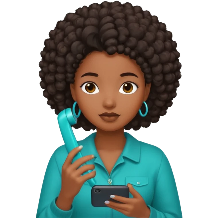 Black girl with coily hair holding a teal phone  emoji