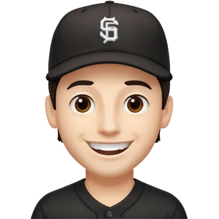 male, dark brown hair, dark brown eyes, fair skin, black baseball hat, no teeth emoji