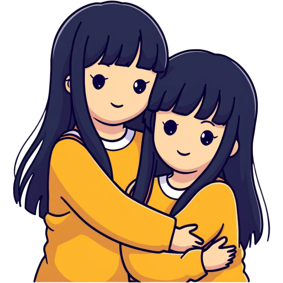 two white girls with long black hair hugging, one girl has bangs emoji