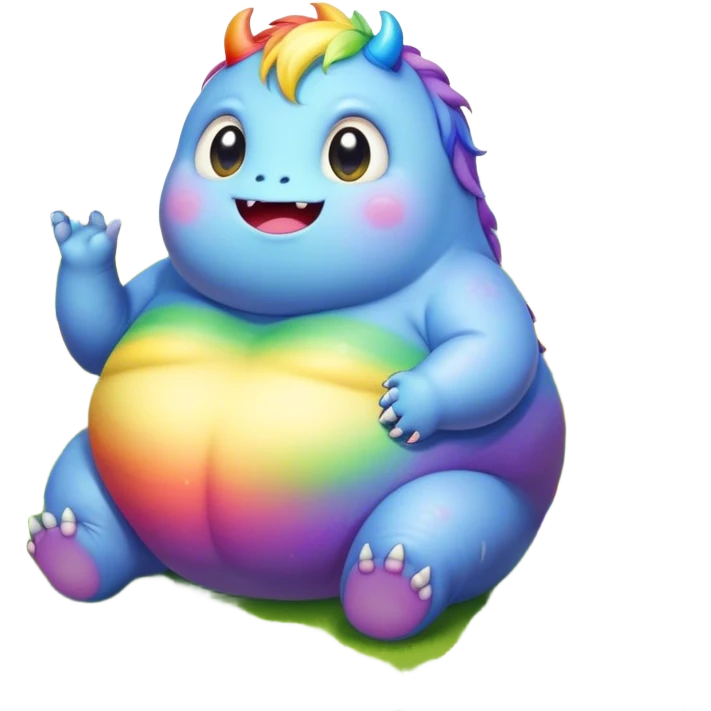 Kawaii derpy fat rainbow monster sitting in a magic field, rich textures, visually detailed, so lifelike that it feels like it could leap off the page at any moment emoji