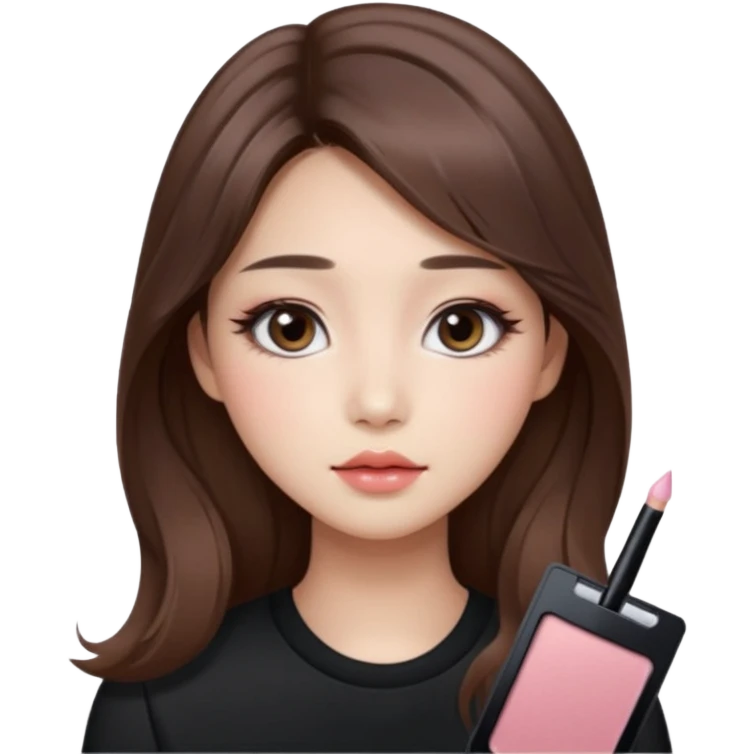 “korean straight brown hair Emoji girl, soft eyeliner and blush, gradient lips, light brown shimmer eyeshadow, long wavy hair,  emoji