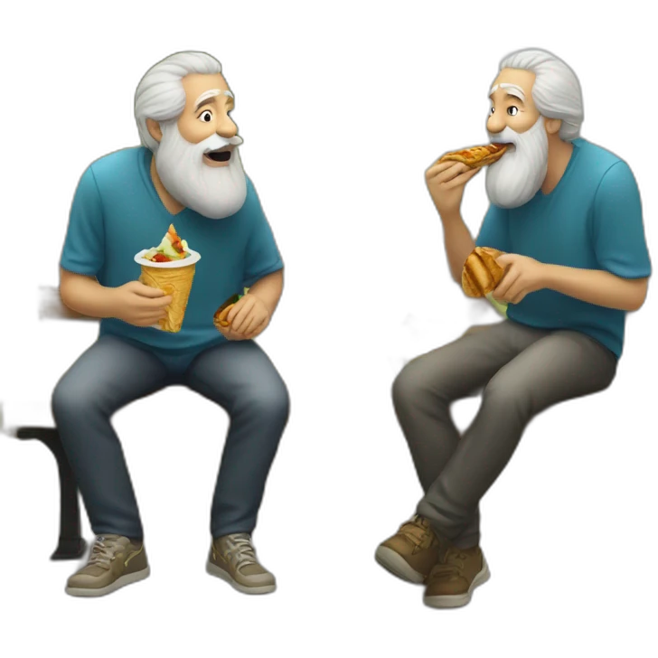 two old beard men eating shawarma on a bench on a park emoji