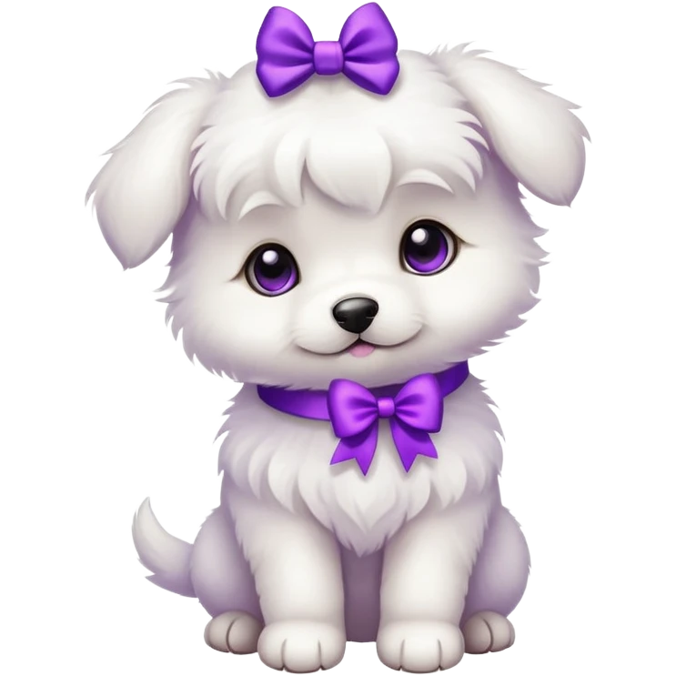 Translation: "A small white puppy with a purple bow." emoji
