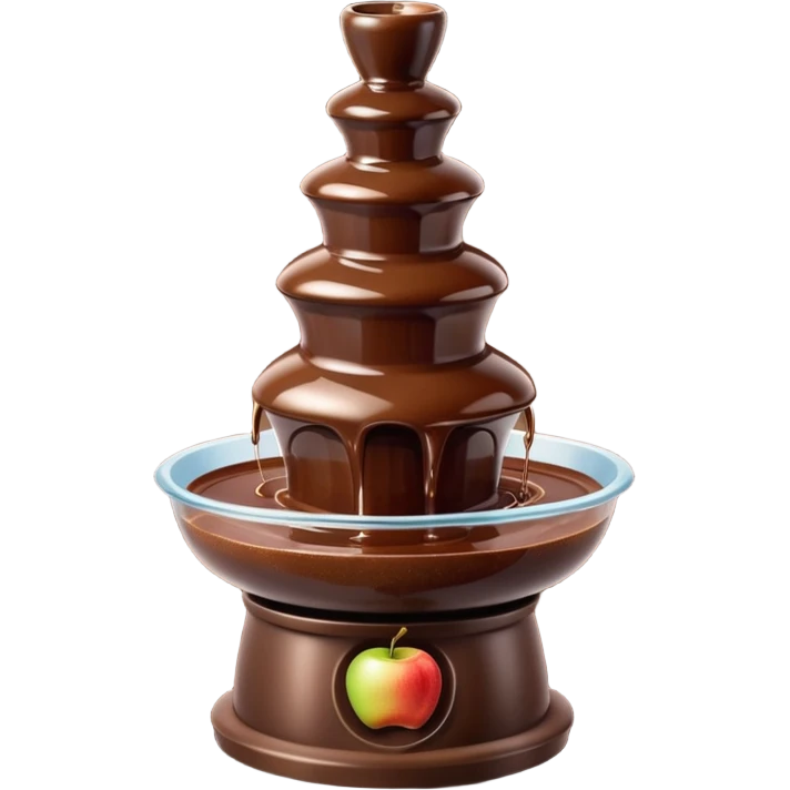 3D render of Chocolate Fountain, made entirely of dessert materials, glistening sugar crystal texture, flowing liquid dark brown chocolate, delicious confectionery aesthetic, Apple emoji style, isolated on white background --v 6.0. emoji