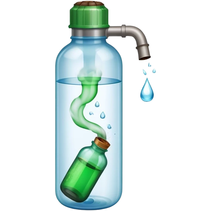 Plastikowa butelka po wodzie, wypełniona w środku zielonym dymem i zakrętka od butelki ma wbitą lufkę z tytoniem emoji