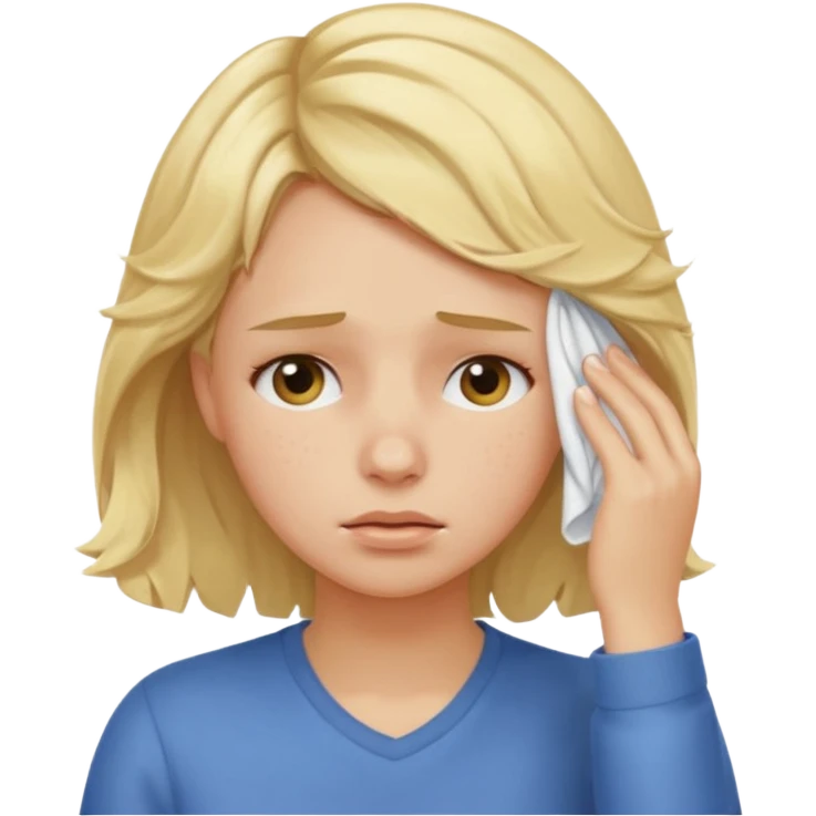 tired blond girl with lightly wavy hair, wipes away sweats from the forehead emoji