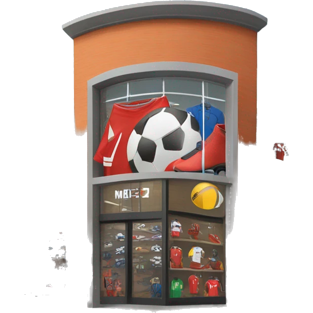 “Soccer store exterior with bold signage, large windows showcasing football gear, jerseys, and accessories, and a dynamic, athletic design reflecting the energy of the sport.” emoji
