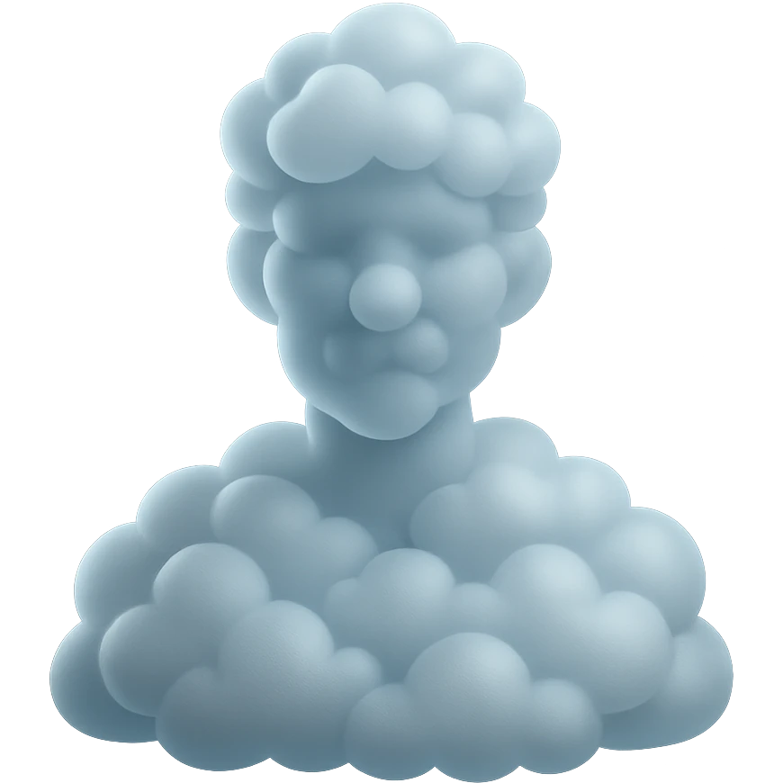 shoulder-up portrait of a person facing forward, fully composed of bright, convex clouds with glossy effect, matte glass style emoji