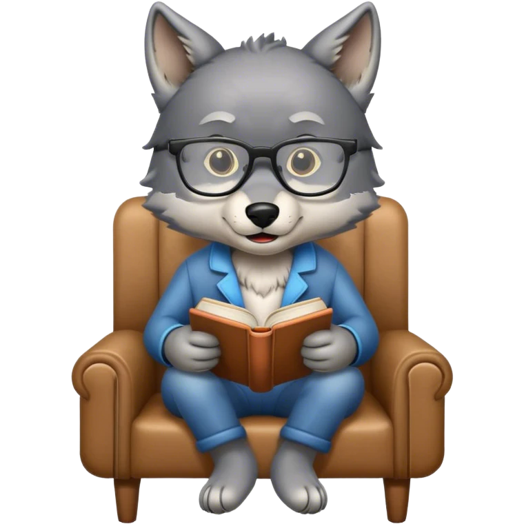 Wolf Reading a Book on chair with glasses emoji