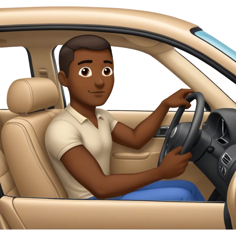 A dark-skinned man is sitting in a car and performing a shoulder check while driving. you can see the car from the inside and the driver is performing the shoulde check while lookin back into the car at the backseats emoji