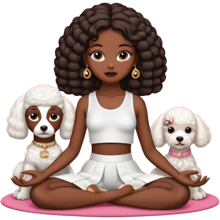 A dark-skinned girl dressed in Chanel sits in a lotus position with a beautiful styling near a white poodle emoji