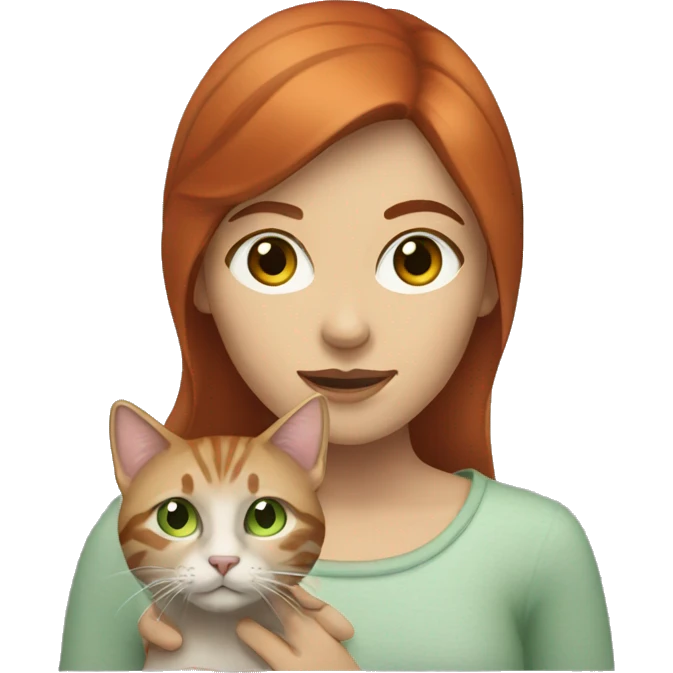 Red headed woman with brown eyes holding a light gray tabby cat that has green eyes emoji