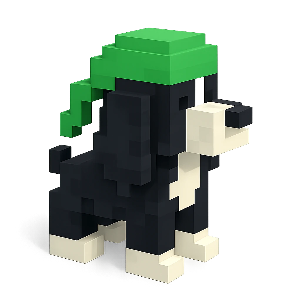 A black and white Russian Cocker Spaniel puppy wearing a green durag, facing right emoji
