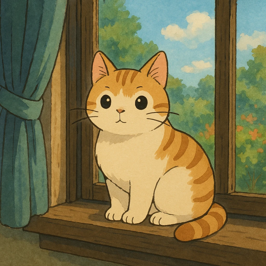 cute cat sitting on a windowsill, ghibli style emoji