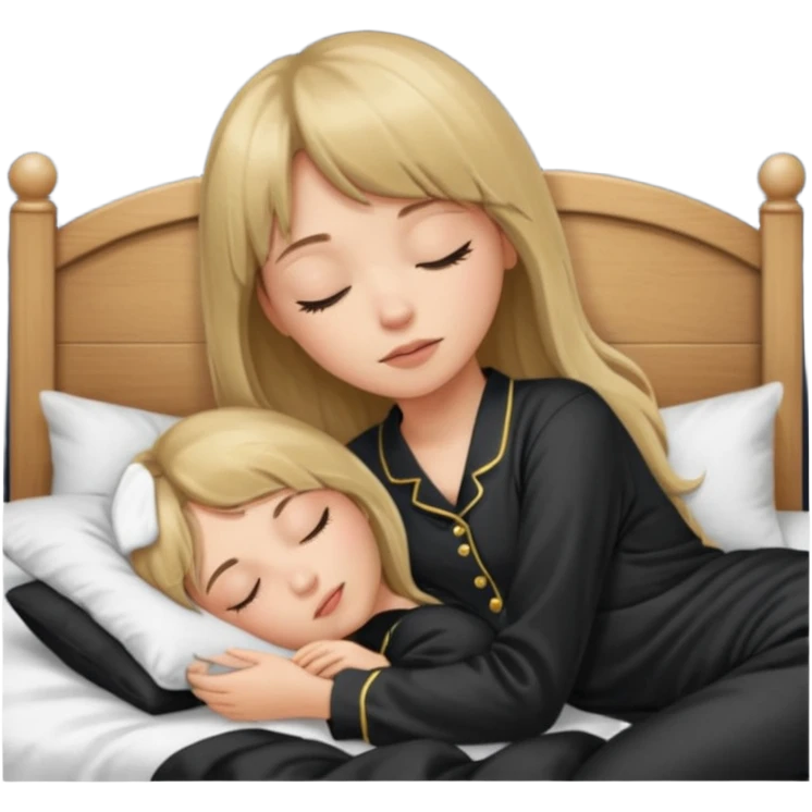 Young woman with long dark blond hair all around her, and a bang, sleeping in bed  with black pyjama  emoji