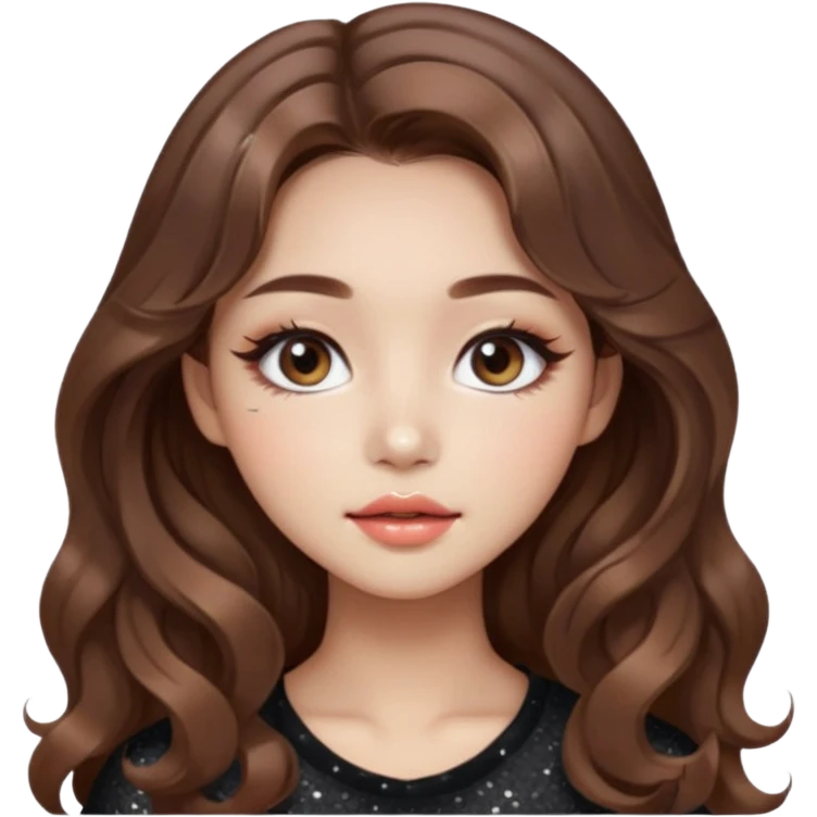 “korean brown hair Emoji girl, soft eyeliner, gradient lips, light brown shimmer eyeshadow, sparkly aegyo-sal, long wavy hair,  emoji
