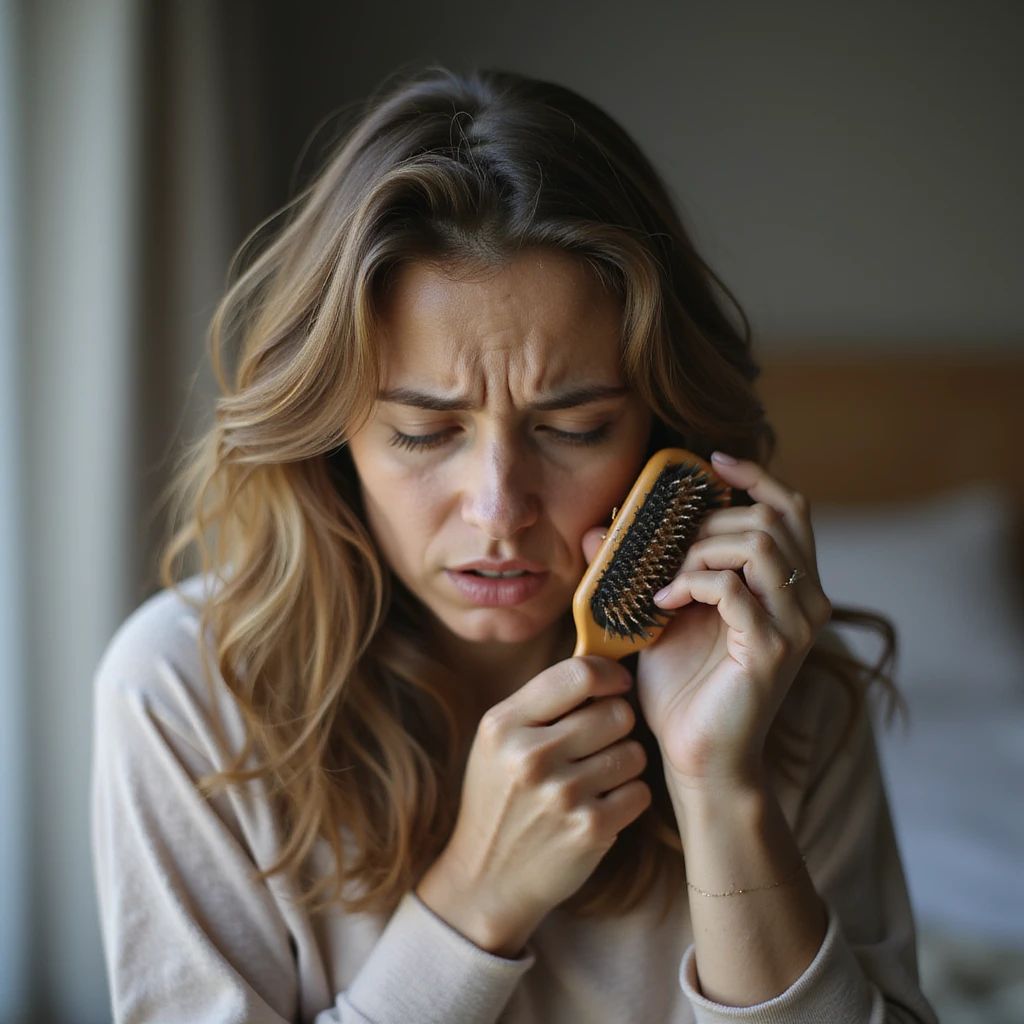 hyperrealistic 4K image of a woman with PCOS combing hair and noticing many hairs left on the brush, worried facial expression, thinning hair, domestic environment emoji