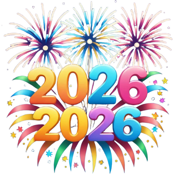 "Happy 2026" in backdrop of colourful fireworks in outline artwork emoji